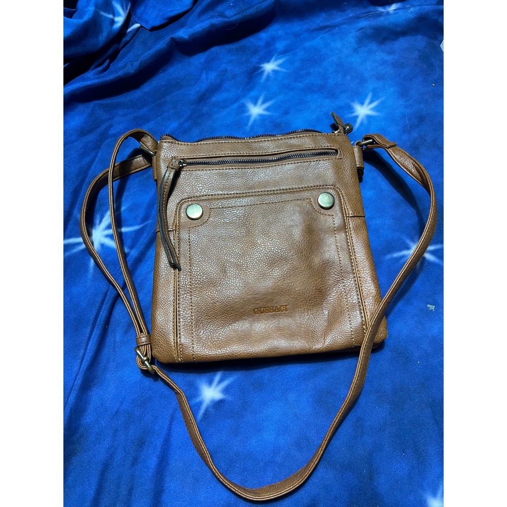 Gussaci Brown Faux Leather Multi Pocket Crossbody Bag Adjustable Strap Purse